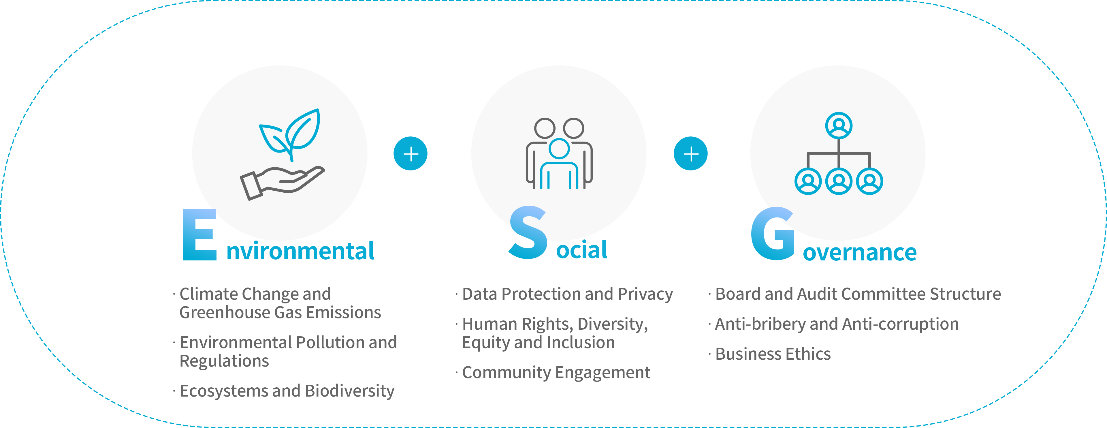 Environmental ( Climate Change and Greenhouse Gas  Emissions, Environmental Pollution and Regulations, Ecosystems and Biodiversity) 
						+ Social (Data Protection and Privacy, Human Rights, Diversity, Equity and Inclusion, Community Engagement )
						 + Governance (Board and Audit Committee Structure, Anti-bribery and Anti-corruption, Business Ethics)