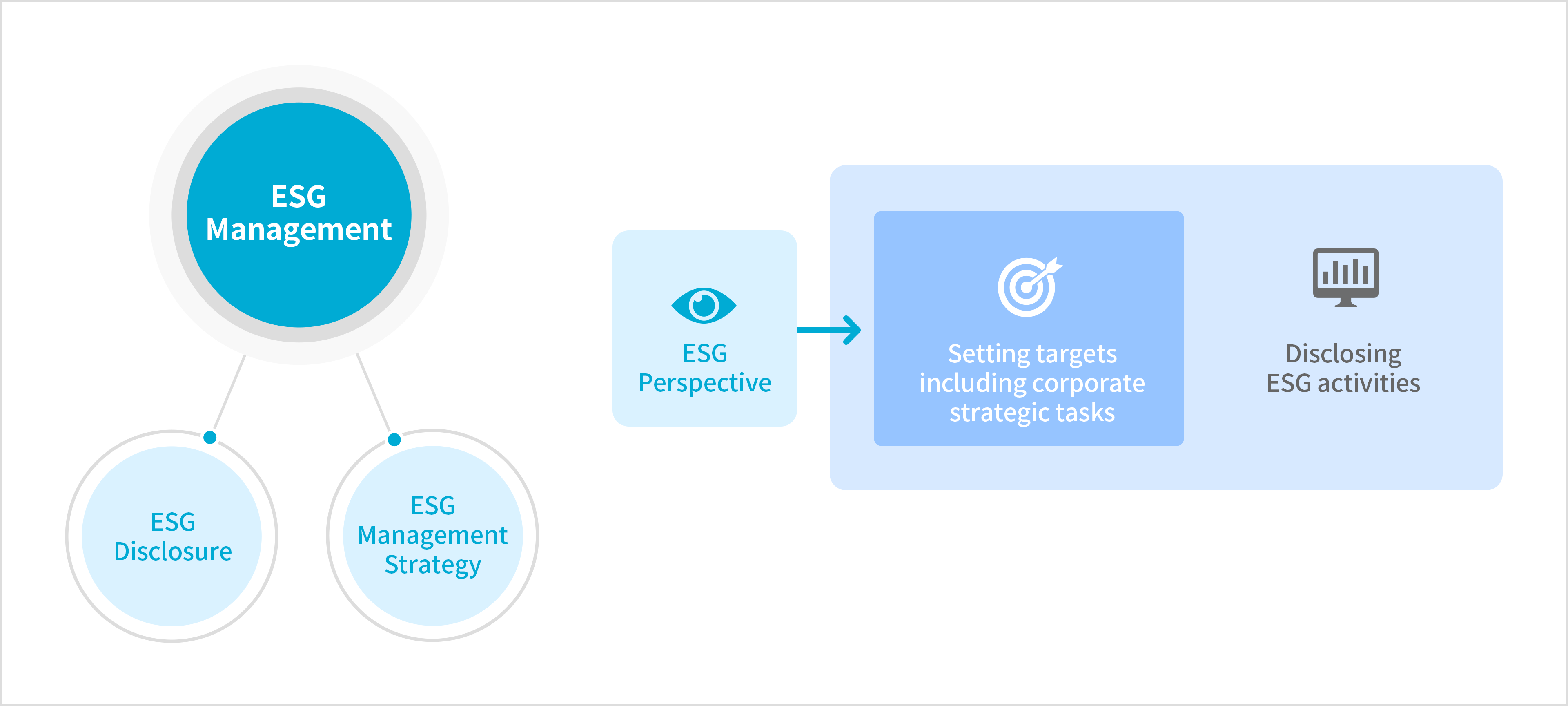 ESG Management : ESG Management, ESG Disclosure, ESG Management Strategy, ESG Perspective : Setting targets including corporate strategic tasks, Disclosing ESG activities