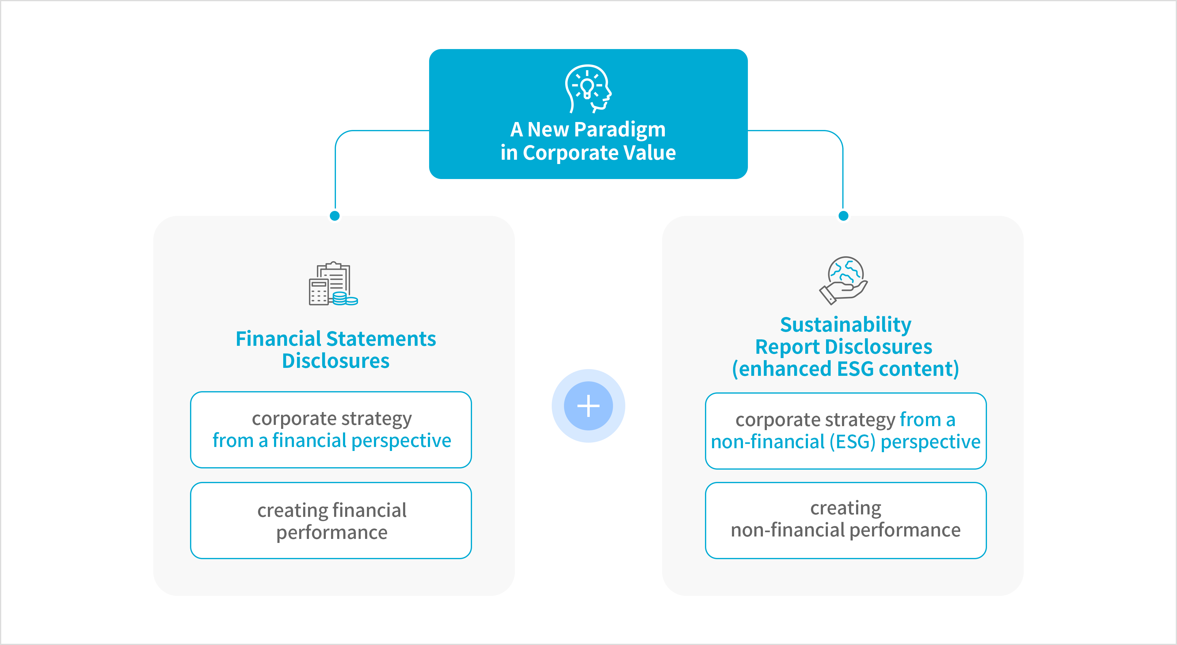 A New Paradigm in Corporate Value. Financial Statements Disclosures(corporate strategy from a financial perspective, creating financial performance) + Sustainability Report Disclosures (enhanced ESG content)(corporate strategy from a non-financial (ESG) perspective, creating non-financial performance)