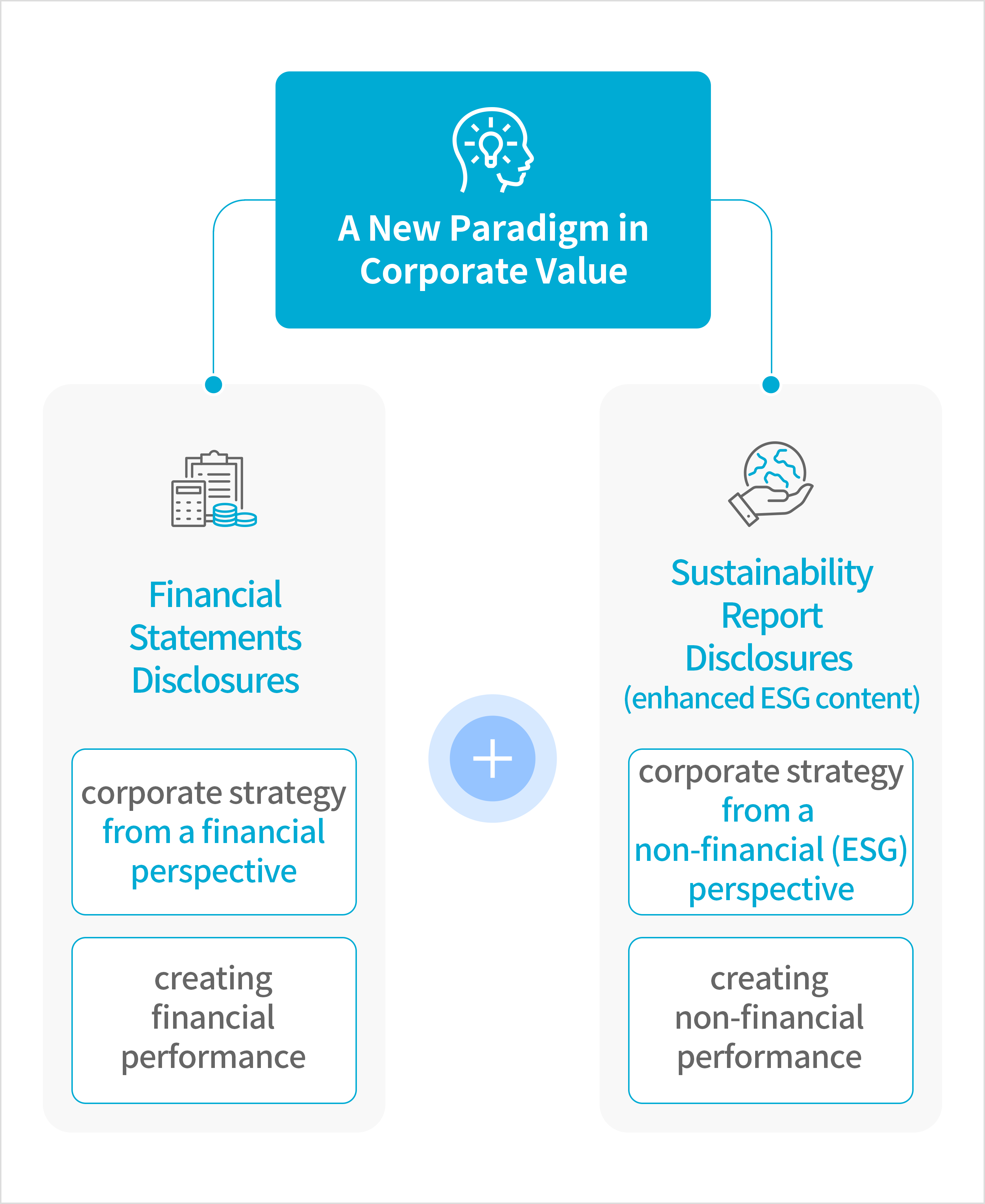 A New Paradigm in Corporate Value. Financial Statements Disclosures(corporate strategy from a financial perspective, creating financial performance) + Sustainability Report Disclosures (enhanced ESG content)(corporate strategy from a non-financial (ESG) perspective, creating non-financial performance)