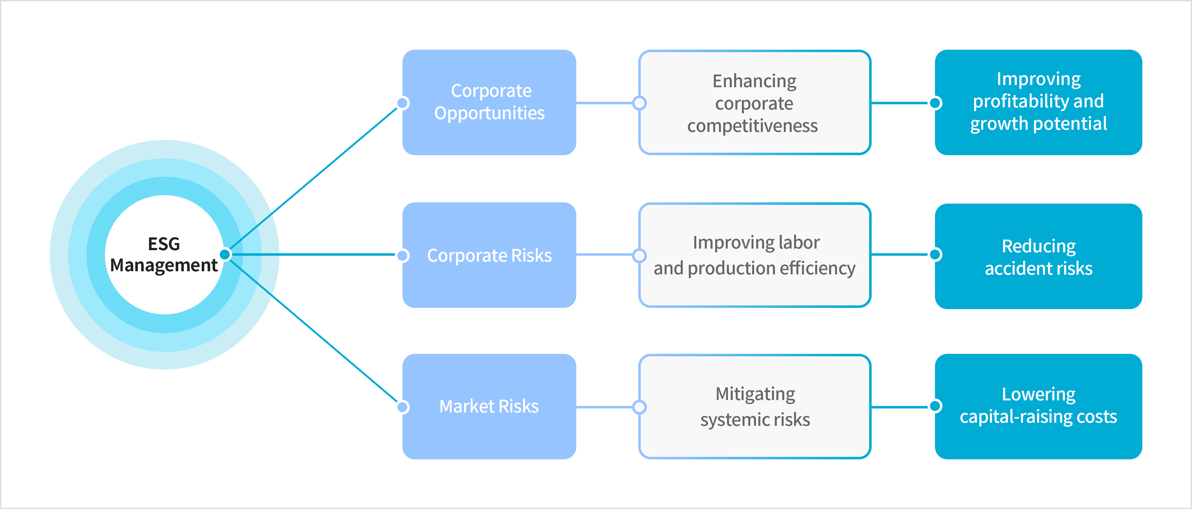 ESG Management. Corporate Opportunities(Enhancing corporate competitiveness, Improving profitability and growth potential), Corporate Risks(Improving labor and production efficiency, Reducing accident risks), Market Risks(Mitigating systemic risks, Lowering capital-raising costs)